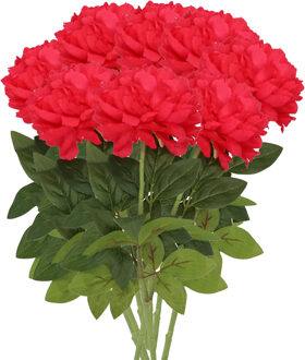 DK Design Kunstbloemen boeket pioenroos - 8x - rood - zijde - 71 cm - kunststof steel - decoratie bloemen