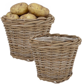 DK Design Plantenmand/aardappelmand Ivy - 2x - met binnenzak - rotan - B25 x H22 cm - binnen/buiten bloempotte