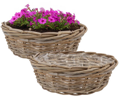 DK Design Plantenmand/aardappelmand tafelmodel - 2x - Ivy - met binnenzak - rotan - B35 x H13 cm - binnen/buit