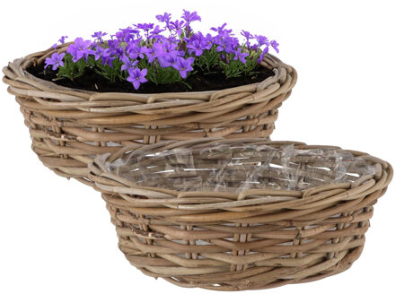 DK Design Plantenmand/aardappelmand tafelmodel - 2x - Ivy - met binnenzak - rotan - B40 x H13 cm - binnen/buit