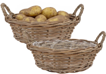 DK Design Plantenmand/aardappelmand tafelmodel - 2x - Ivy - met handvatten - rotan - B35 x H13 cm - binnen/bui