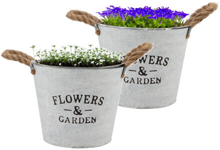 DK Design Plantenpot/bloempot emmer Jardin - 2x - rond - zink - wit - D22 x H16 cm