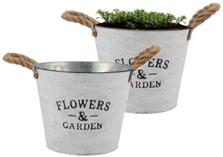 DK Design plantenpot/bloempot emmer Jardin- 2x - zink - wit - D23 x H18 cm - Plantenpotten