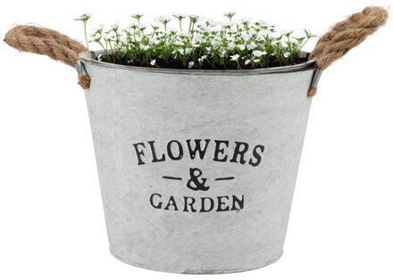 DK Design Plantenpot/bloempot emmer Jardin - rond - zink - wit - D22 x H16 cm