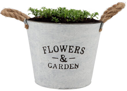 DK Design Plantenpot/bloempot emmer Jardin - rond - zink - wit - D23 x H18 cm