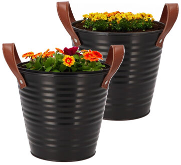 DK Design Plantenpot/bloempot emmer Leather - 2x - rond - zink - zwart - D16 x H15 cm