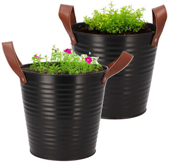 DK Design Plantenpot/bloempot emmer Leather - 2x - rond - zink - zwart - D18 x H17 cm