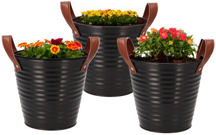 DK Design Plantenpot/bloempot emmer Leather - 3x - rond - zink - zwart - D16 x H15 cm
