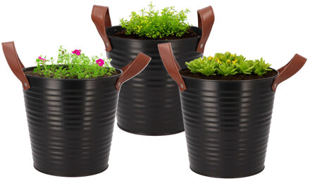 DK Design Plantenpot/bloempot emmer Leather - 3x - rond - zink - zwart - D18 x H17 cm
