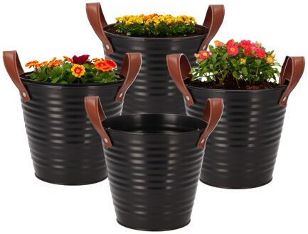 DK Design Plantenpot/bloempot emmer Leather - 4x - rond - zink - zwart - D16 x H15 cm