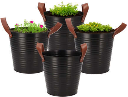 DK Design Plantenpot/bloempot emmer Leather - 4x - rond - zink - zwart - D18 x H17 cm