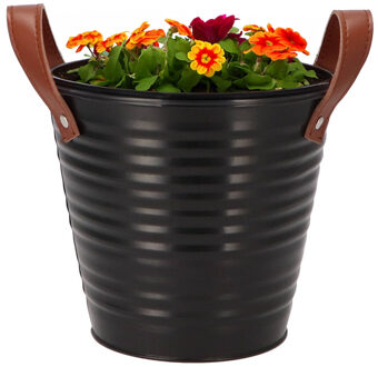 DK Design Plantenpot/bloempot emmer Leather - rond - zink - zwart - D16 x H15 cm