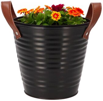 DK Design Plantenpot/bloempot emmer Leather - rond - zink - zwart - D16 x H15 cm