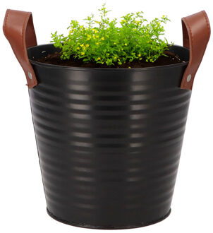 DK Design Plantenpot/bloempot emmer Leather - rond - zink - zwart - D18 x H17 cm