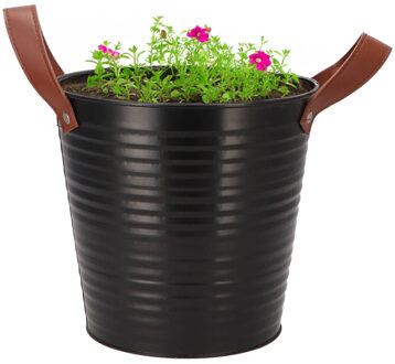 DK Design Plantenpot/bloempot emmer Leather - rond - zink - zwart - D20 x H19 cm