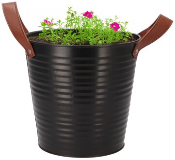 DK Design Plantenpot/bloempot Emmer Leather- Zink - Zwart - D20 X H19 Cm