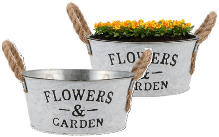 DK Design Plantenpot/bloempot schaal Jardin - 2x - rond - zink - wit - D21 x H9 cm