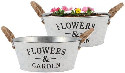 DK Design Plantenpot/bloempot schaal Jardin - 2x - rond - zink - wit - D23 x H9 cm