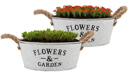 DK Design Plantenpot/bloempot schaal Jardin - 2x - rond - zink - wit - D25 x H11 cm