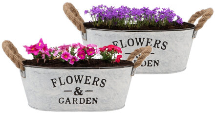 DK Design Plantenpot/bloempot teil Jardin - 2x - ovaal - zink - wit - L26 x D17 x H11 cm