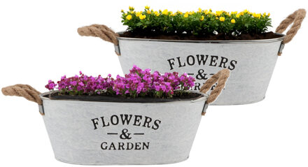 DK Design Plantenpot/bloempot teil Jardin - 2x - ovaal - zink - wit - L30 x D20 x H12 cm