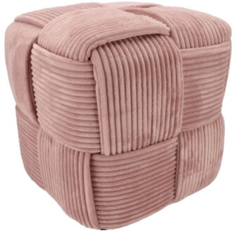 DK Design Poef - fluweel - oud roze - gevlochten look - 35 x 35 cm - vierkant - woondecoratie