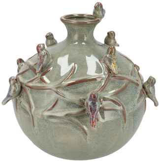 DK Design Vaas Spring birds - mosgroen - keramiek - D14 x H14 cm - bloemenvaas