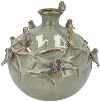 DK Design Vaas Spring birds - mosgroen - keramiek - D18 x H18 cm - bloemenvaas