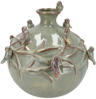 DK Design Vaas Spring birds - mosgroen - keramiek - D23 x H23 cm - bloemenvaas