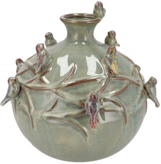 DK Design Vaas Spring birds - mosgroen - keramiek - D29 x H28 cm - bloemenvaas