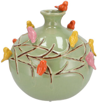 DK Design Vaas Spring birds - pistache groen - keramiek - D14 x H14 cm - bloemenvaas
