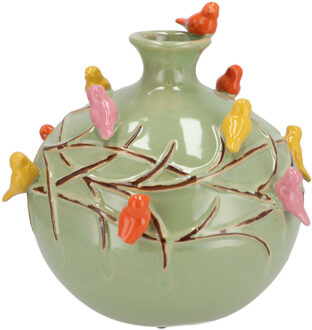 DK Design Vaas Spring birds - pistache groen - keramiek - D18 x H18 cm - bloemenvaas