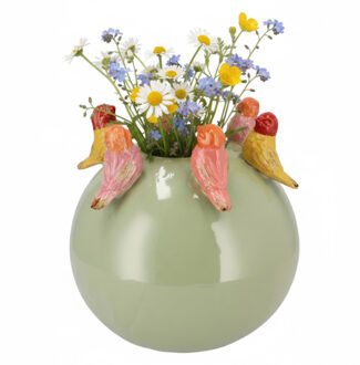 DK Design Vaas Spring birds - pistache groen - keramiek - D20 x H20 cm - bloemenvaas