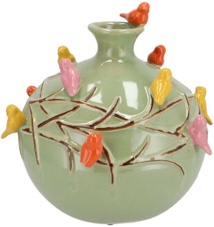 DK Design Vaas Spring birds - pistache groen - keramiek - D23 x H23 cm - bloemenvaas