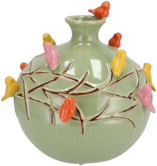 DK Design Vaas Spring birds - pistache groen - keramiek - D29 x H28 cm - bloemenvaas