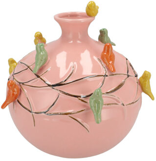 DK Design Vaas Spring birds - roze - keramiek - D23 x H23 cm - bloemenvaas