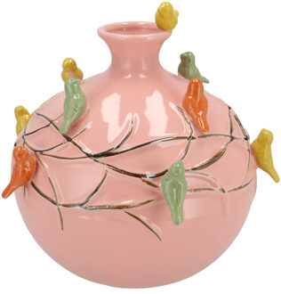 DK Design Vaas Spring birds - roze - keramiek - D29 x H28 cm - bloemenvaas