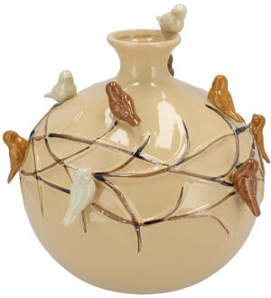 DK Design Vaas Spring birds - zandkleurig - keramiek - D14 x H14 cm - bloemenvaas