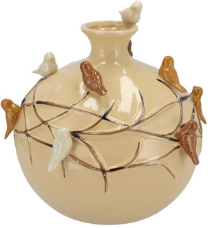DK Design Vaas Spring birds - zandkleurig - keramiek - D23 x H23 cm - bloemenvaas