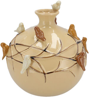 DK Design Vaas Spring birds - zandkleurig - keramiek - D29 x H28 cm - bloemenvaas