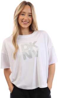 DKNY Dames DKNY Foil Logo Cropped T-shirt in Wit zilver