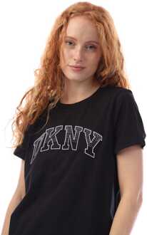 DKNY Dames DKNY Gebogen Varsity Logo met bergkristallen T-shirt in Zwart Grijs Wit - maat S Zwart/wit