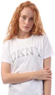 DKNY Dames DKNY Gebogen Varsity Logo Rhinestone T-shirt in Wit zilver - maat XS