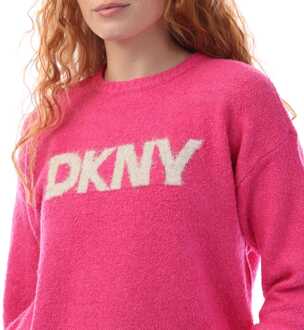 DKNY Dames DKNY Tinsel Logo Boucle Crew Knit Sweater in Roze