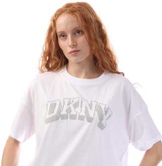 DKNY Dames-T-shirt DKNY Flaked Rhinestone Logo in Wit zilver - M
