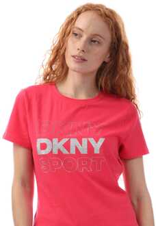 DKNY Women's DKNY Glitter Logo Ss Crew Neck T-Shirt in Silver pink - maat XS Zilver