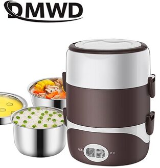 Dmwd 2L Draagbare Elektrische Verwarmde Voedsel Lunchbox Mini Rijstkoker Roestvrij Staal 3 Lagen Liner Stoomboot Picknick Container Warmer bruin three layers