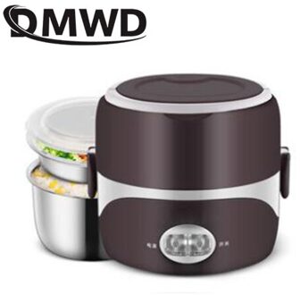 Dmwd 2L Draagbare Elektrische Verwarmde Voedsel Lunchbox Mini Rijstkoker Roestvrij Staal 3 Lagen Liner Stoomboot Picknick Container Warmer bruin two layers