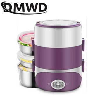 Dmwd 2L Draagbare Elektrische Verwarmde Voedsel Lunchbox Mini Rijstkoker Roestvrij Staal 3 Lagen Liner Stoomboot Picknick Container Warmer paars three layers