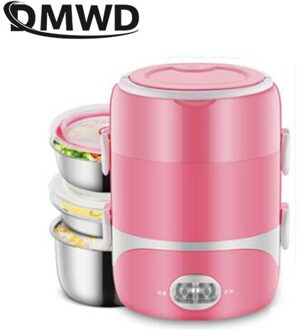 Dmwd 2L Draagbare Elektrische Verwarmde Voedsel Lunchbox Mini Rijstkoker Roestvrij Staal 3 Lagen Liner Stoomboot Picknick Container Warmer roze three layers